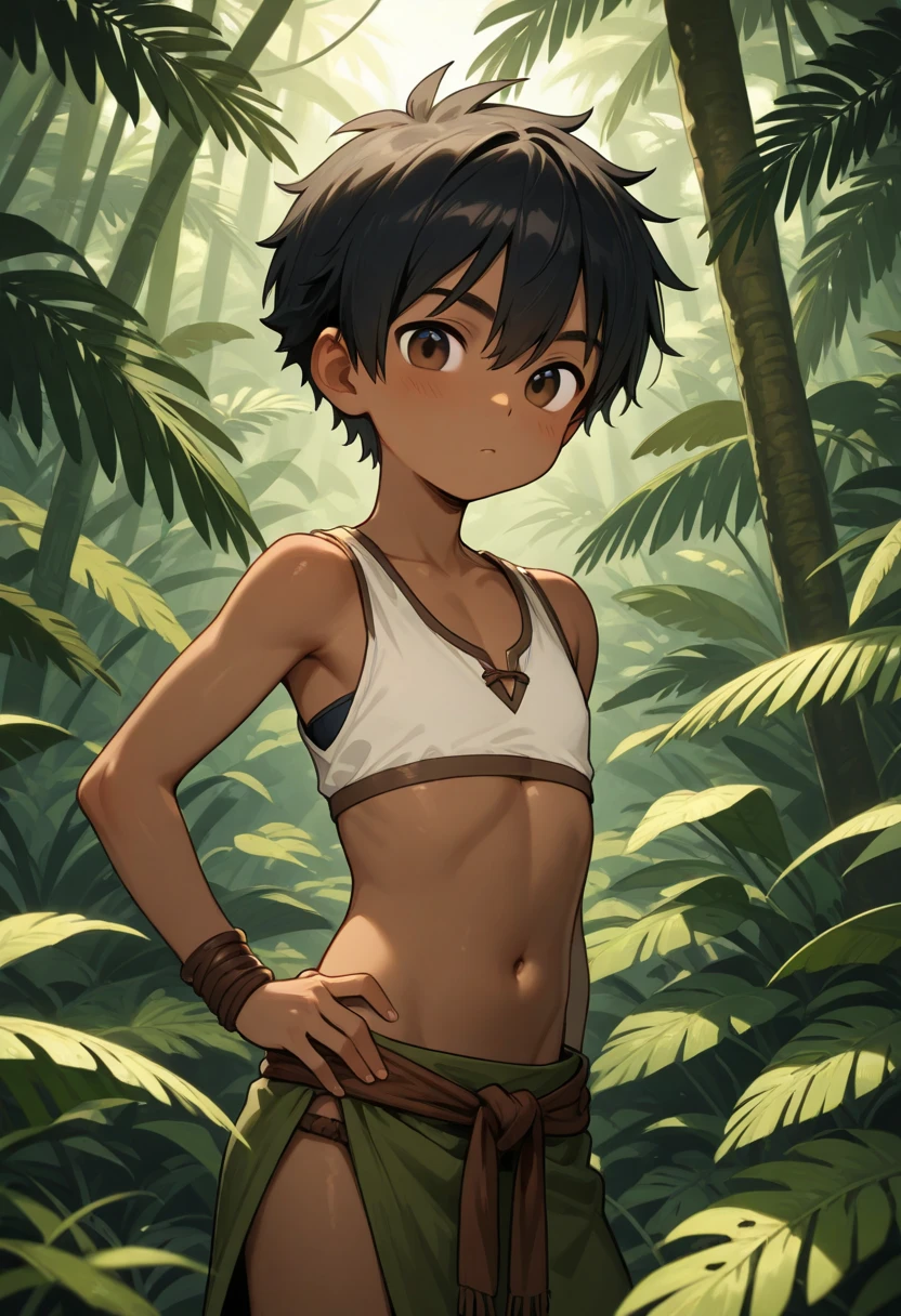 A dark-skinned, short-haired, slender macho tribal boy wearing a tattered loincloth., jungle village, Preparing a bed of leaves in the hut, barbarian