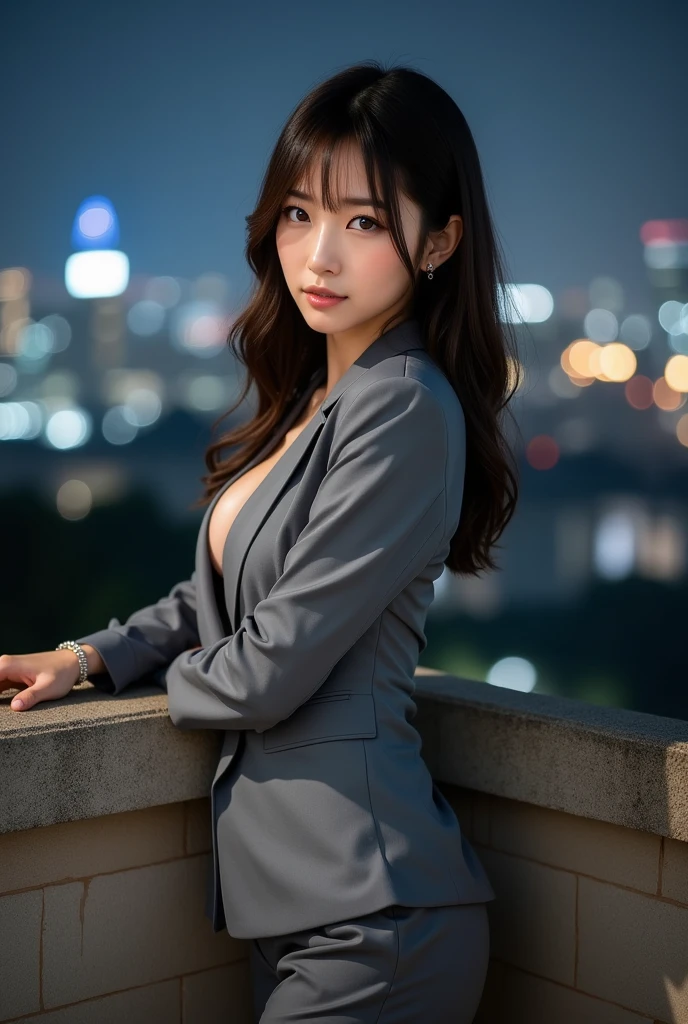 table top, highest quality, shape, Super detailed, finely, High resolution, 8k wallpaper, perfect dynamic composition shape, beautiful and detailed eyes, small breasts, natural color lip, random sexy pose,smile,big city、20 year old girl、midnight、Beautiful and dense face、perfect and beautiful face,Big eyes、real photos（best image quality）,one piece（Hide your chest）、dress（long sleeve）、Jacket、Taken from above the knees（from bottom to top）、The Roof Shibuya Sky top floor background