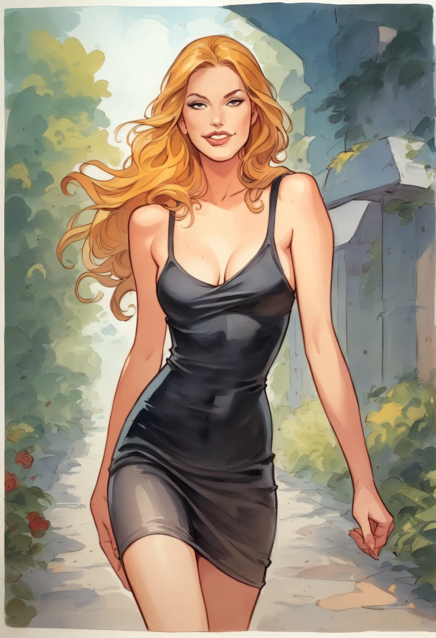 manara, 1girl, solo, long hair, traditional media, beautiful sexy blondie woman walking down the street wearing very transparent black dress, in sexy pose, naughty face, horny moment, long yellow hair, tanktop zPDXL, score_8_up, score_7_up, score_6_up, score_9, adult illustration