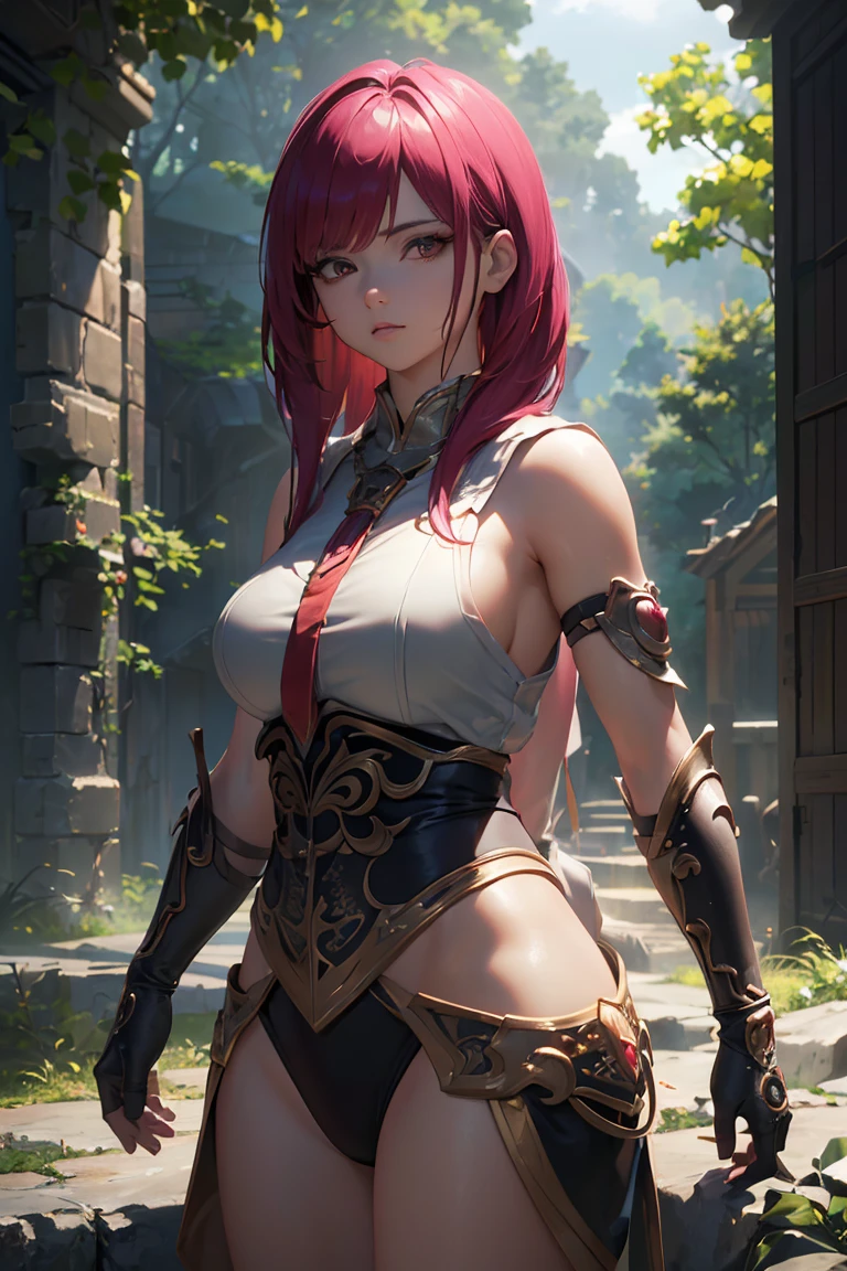 ((Mejor calidad)), ((Obra maestra)), (detallado), cara perfecta,a provocative archer girl whit pink and vizosgreen hair in a Monster Hunter-inspired pose, with detailed eyes and lips, wearing vibrant and intricate armor and holding a bow and arrow. The artwork is created using a mix of illustration and 3D rendering techniques, resulting in a visually stunning mixed media piece. The scene is set in a dense forest, with lush foliage and beams of sunlight filtering through the trees. The girl's confident and determined expression captivates the viewer, while her dynamic pose showcases her skill and agility as an archer. The colors in the artwork are bold and vivid, with a slightly desaturated and muted overall tone to create a realistic and gritty atmosphere. The lighting is dramatic, casting deep shadows and emphasizing the girl's strong features. The image is of the highest quality, with ultra-fine details to bring every aspect of the artwork to life.