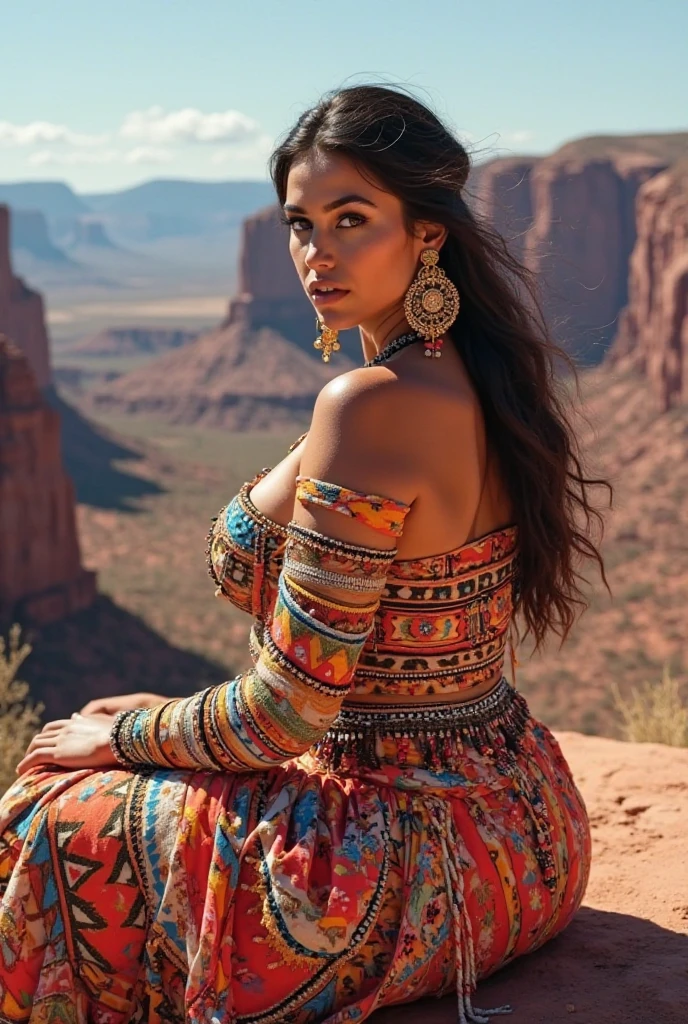 Beautiful boho women stunning merge of Stephanie Beatriz. with colorful southwestern style dress. colorful southwestern earing and. jewelry dark-black colored hair that is coarse, wiry, and tightly curled. It often has a rough texture, feels stiff to the touch, and may be prone to frizz and tangling. The curls can be densely packed. The Official Art – An Award-Winning Digital Masterpiece In 4K Ultra HD, Extreme Detail And Intricate Realism. symmetrical face. This Concept Art Brought To Life By The Hands Of Artists Like Wlop & Artgerm In A Stunning 2D Vector Illustration. large, perky, full, vuluptious, symmetrical and spherical breasts. Background is a beautiful panoramic vista of a red rock canyon.