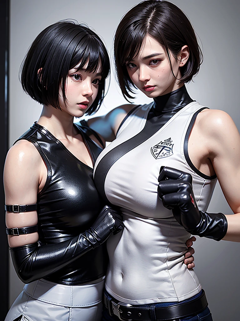 A girl with short bob, black hair, metal plates embedded cheeks, and mechanical forearms.
