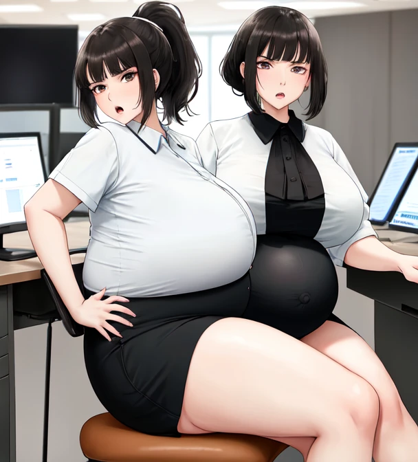 (solo 1 skinny girl standing in office:1.2), swaying back, black blazer over white dress shirts, (bursting gigantic huge breasts:1.2), necktie, inconceivably thin waist, too short black skirt, thigh gap, highheels, nose blush, perfect anatomy