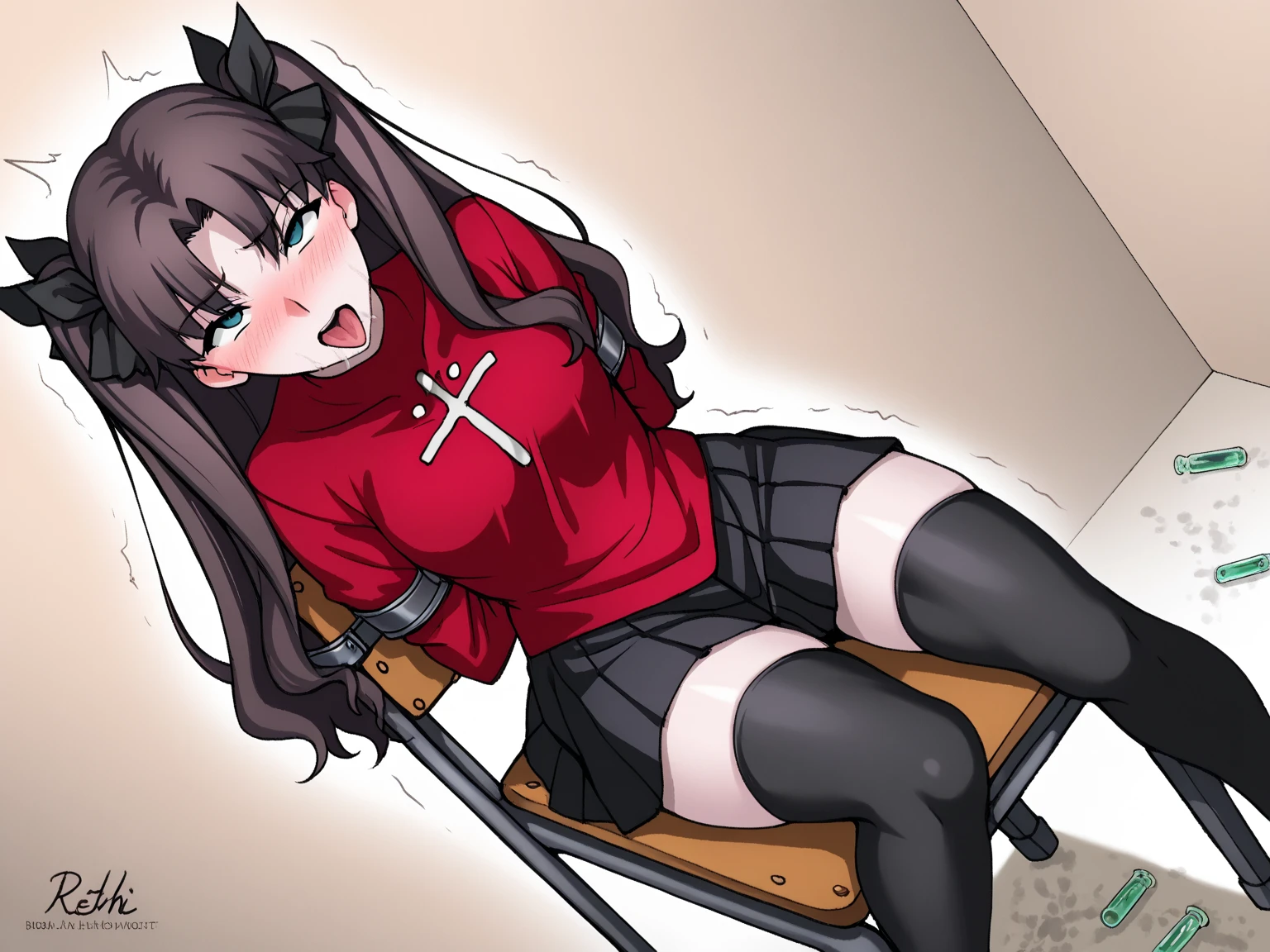 Rin Tohsaka, 1girl, 1boy, sex, (giant penis: 1.2), vaginal insertion, black skirt, black thighhighs, long sleeves, miniskirt, pleated skirt, red sweater, skirt, sweater, thighhighs, turtleneck,