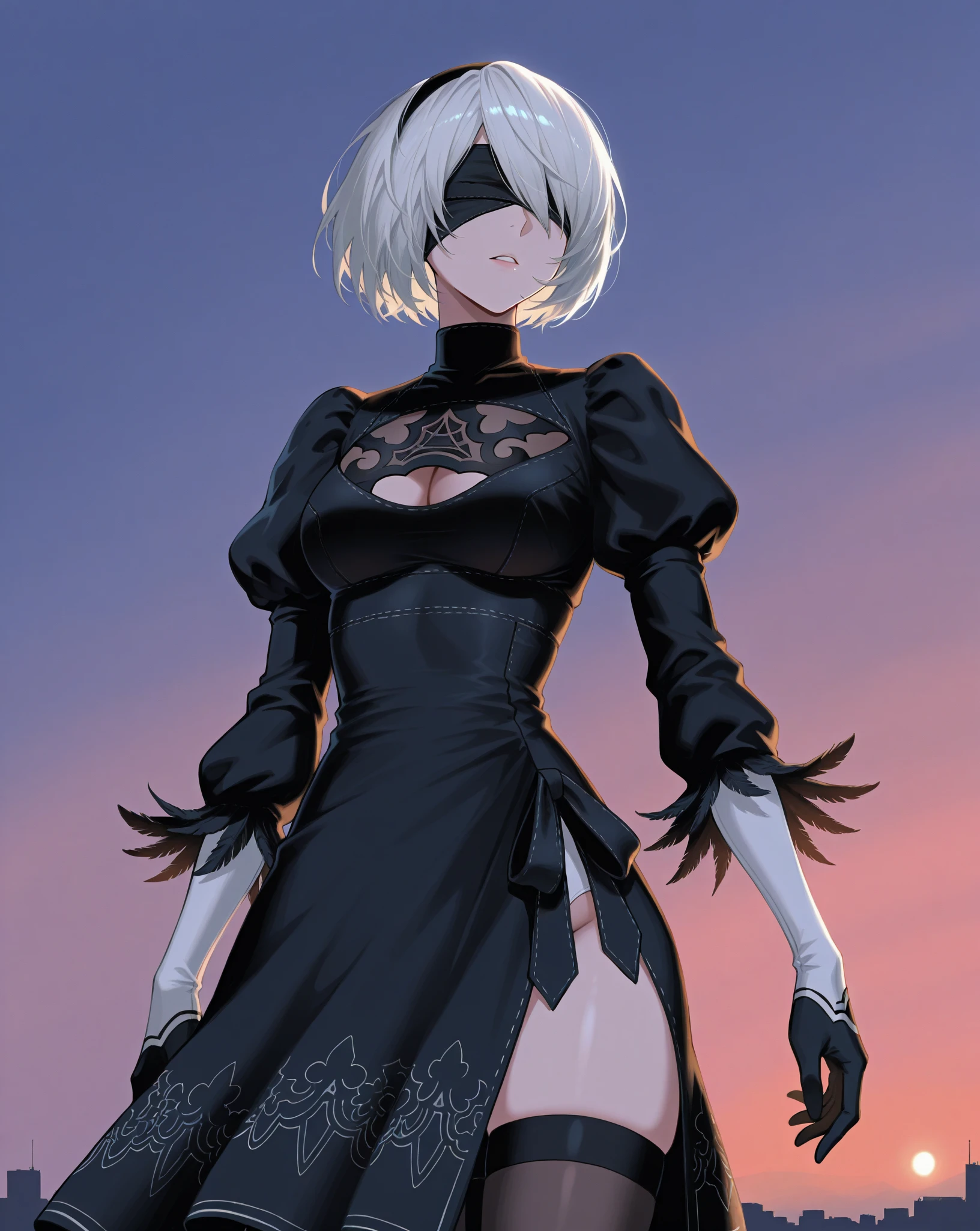 score_9, score_8_superior, score_7_superior, sauce_anime,
2b, 2b, Yoruhano. 2 Type B, short hair, Gray Hair, hair band, Mole, black hair band, Mole under mouth, Blindfold, eyes covered, black Blindfold,
gloves, Long sleeve, dress, Puffy sleeves, black dress, Clothing cutouts, Cleavage cutout, Juliet Sleeve, Feather ornament sleeves,
Outdoor, wasteland,
alone, Dutch Angle, View Viewer, Cowboy Shot,