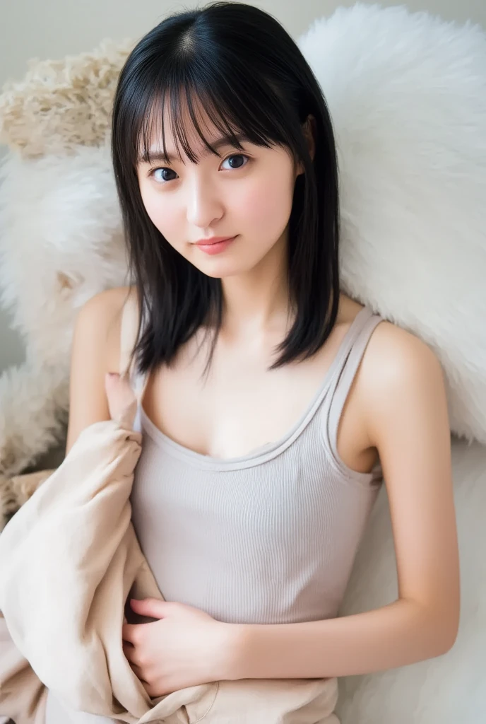 Sitting on a black sofa,looking ahead,from above,side view,face focus,open mouth,tongue out,(1girl,Beautiful 14 year old girl),((Slender,Small breasts,Small face,)),looking at viewer,Black Hair,bangs,two side up,oollarbone,White sweater mini dress,bare shoulder,Beautiful and detailed anime art,Mischievous smile,Dimly lit room,Simple Background,Gray background,Low lighting