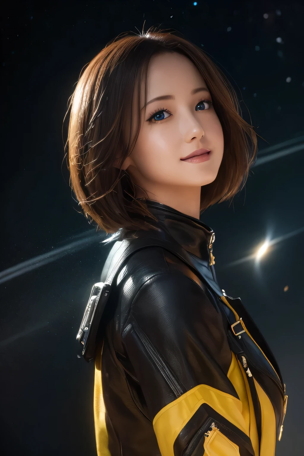 Space ship, captain future, comet, extremely fine and beautiful design, illustration, masterpiece,best quality, high resolution, 8k, sf,space fantasy, extremely beautiful and fain design, extremely fine and beautiful colors, An anime girl with shoulder-length green short hair and warm brown eyes, dressed in a sleek, black-and-yellow space pilot suit with metallic patches on her shoulders. She’s leaning back with her hands behind her head, standing in singing dancing pose, background a planet with visible Universe Galaxy,(RAW Photos, Best Quality), (Realistic, photo-Realistic:1.4), masterpiece, Very delicate and beautiful, Very detailed, 2k wallpaper, wonderful, In detail, Very detailed CG unity 8k wallpaper, Super detailed, High resolution, Soft light, Beautiful detailed girl, Very detailed eyes and face, Beautifully detailed nose, Beautiful detailed eyes,Cinematic Lighting,Perfect Anatomy,Slender body,smile,extremely fine and beautiful colors, extremely beautiful and fain design,amazing sapraizz, dynamic production