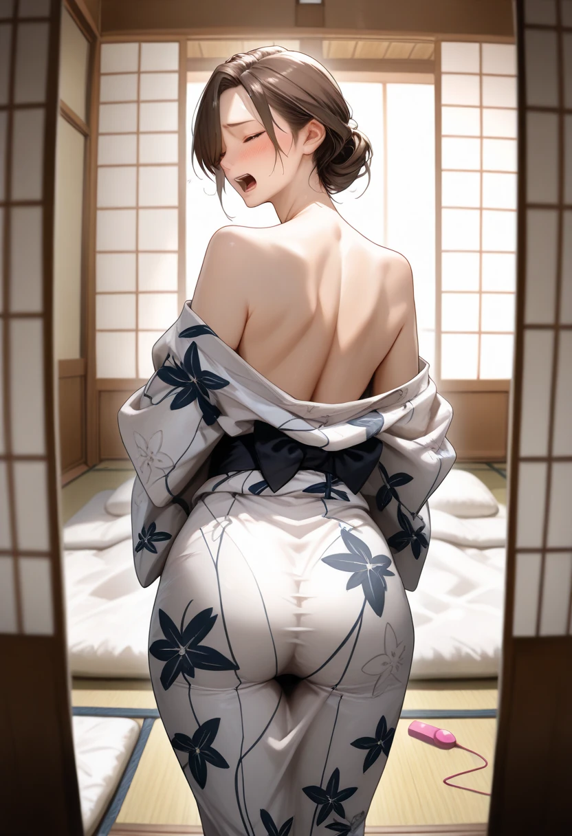 ((landscape photography:1.2, falling leaves)), A girl in Japanese clothes composes a haiku amidst the autumn leaves, ((kimono:1.2)), ((holding slim rectangle paper and Japanese blush:1.25)), sitting, sitting on the porch of the temple grounds, writing poem, cozy wallpaper, anime moe artstyle, kantai collection style, 4 k manga wallpaper, anime visual of a cute girl, anime wallaper, anime style 4 k, ((dark chestnut medium short hair:1.25, updo, wavy hair)), outdoor, in a Japanese classic garden, Japanese temple, fallen leaves, falling leaves, (blurry background, bokeh), (in a twilight:1.2), ((ultra high resolution, 8K RAW photo, photo realistics:1.2)), fine detailed face, beautiful detailed eyes, ultra detailed smooth skin, (looking away, with weak smiling), ((sfw:1.37)), (correct anatomy:1.5), (dynamic angle:1.1, dutch angle:1.2, wide shot:1.3, from side),