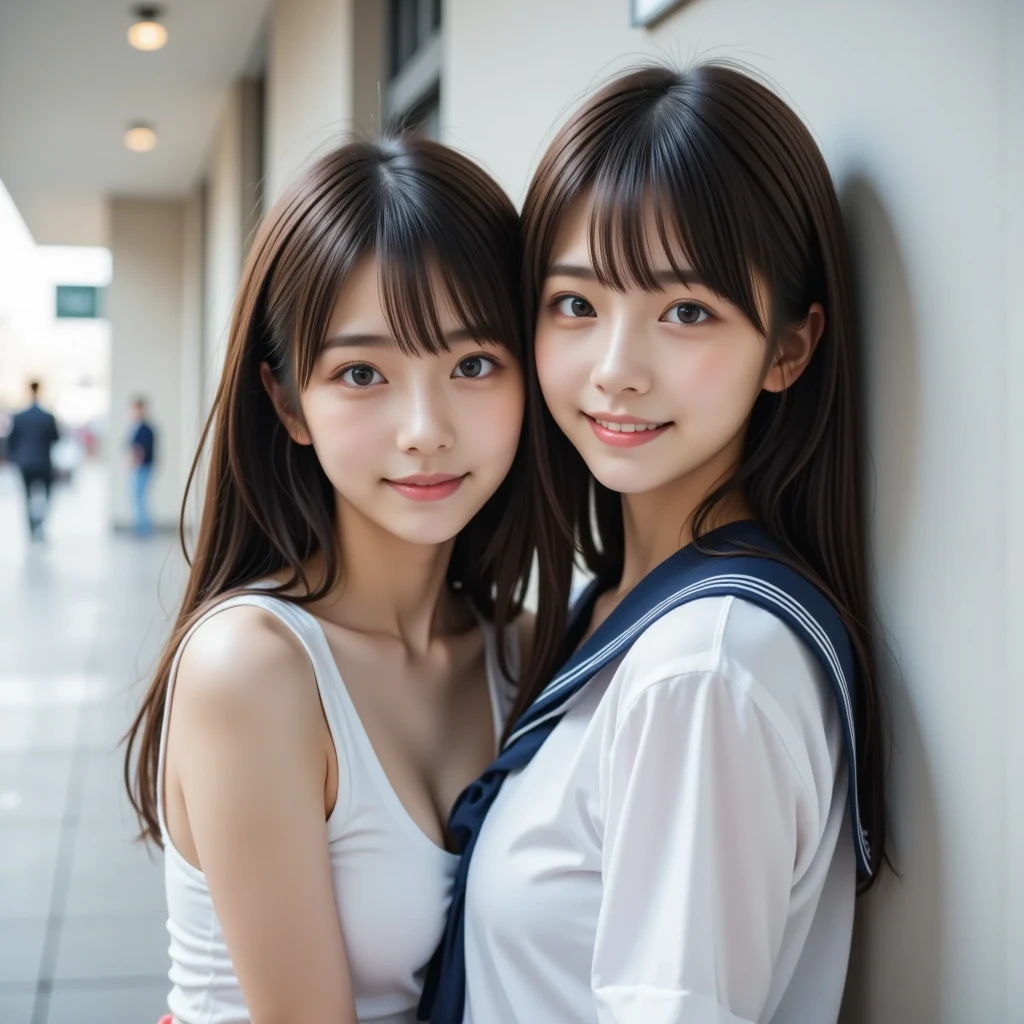 Best quality, high resolution, 8K, two girls, Japanese, hugging, best smile, summer clothes, street fashion, beautiful woman, pretty face, cute face, two cute people, Tokyo cityscape