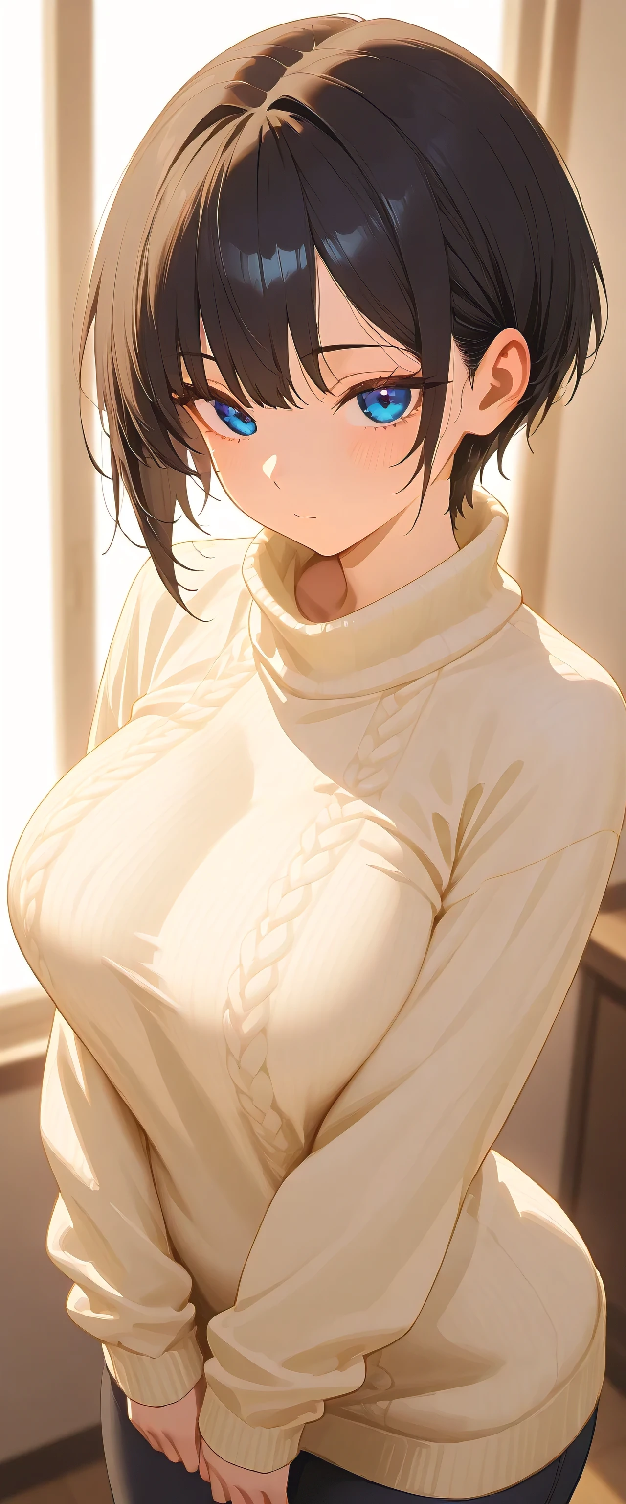 (masterpiece:1.3), (8k, best quality: 1.4), (1 girl), pretty, anime face), (black hair, short hair:1.3), Nice hairstyle, blue eyes , detailed and beautiful eyes), beautiful skin, (sweater), absurd, attractive, ultra high resolution, very detailed, golden ratio