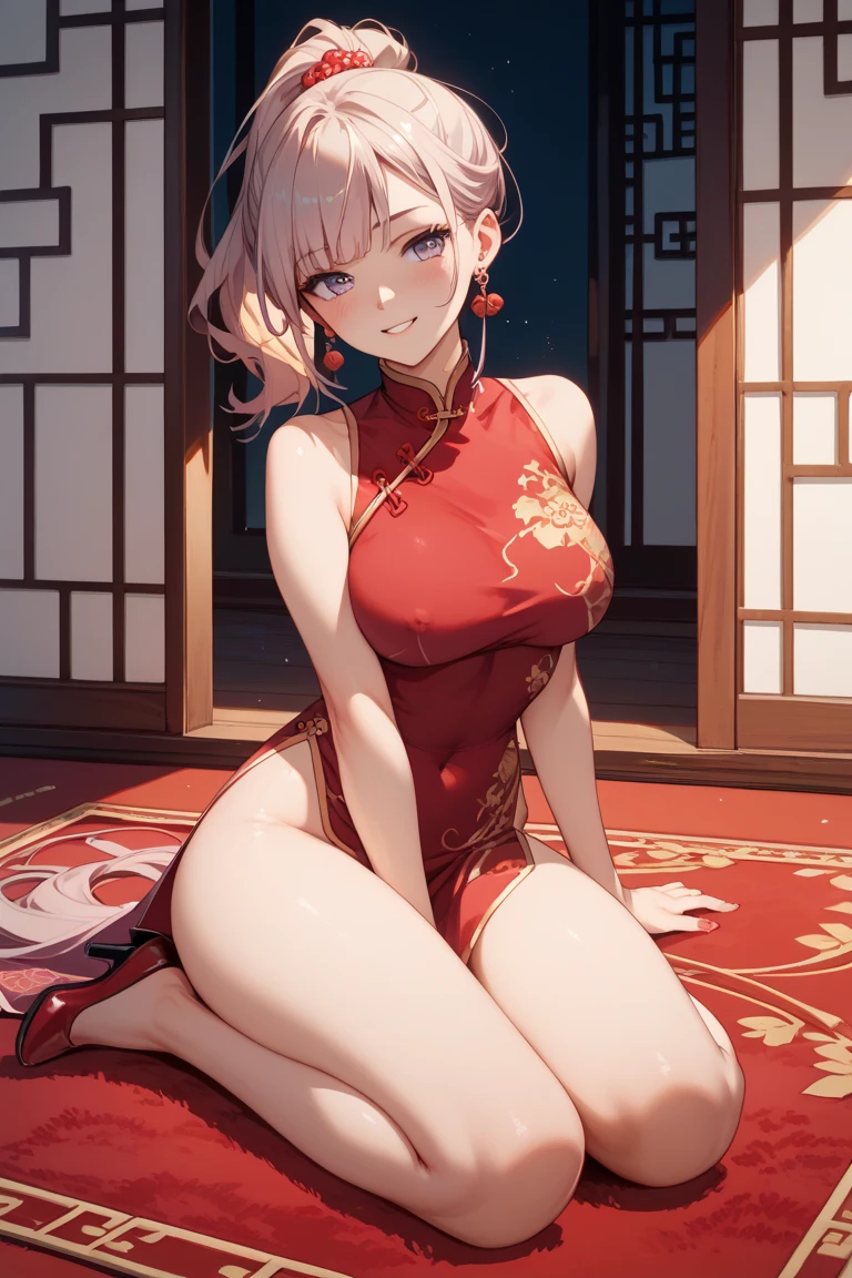 High resolution, 18 year old woman , good lighting, Negligible, , (no nudity), (((cheongsam of the east))),(socks),beautiful face, I'I'm embarrassed and blushing, humiliating, ((transparent)),transparent. Girl with long hair, black in color, blue colored eyes. with big breasts, slim with hips and ass, no belly.