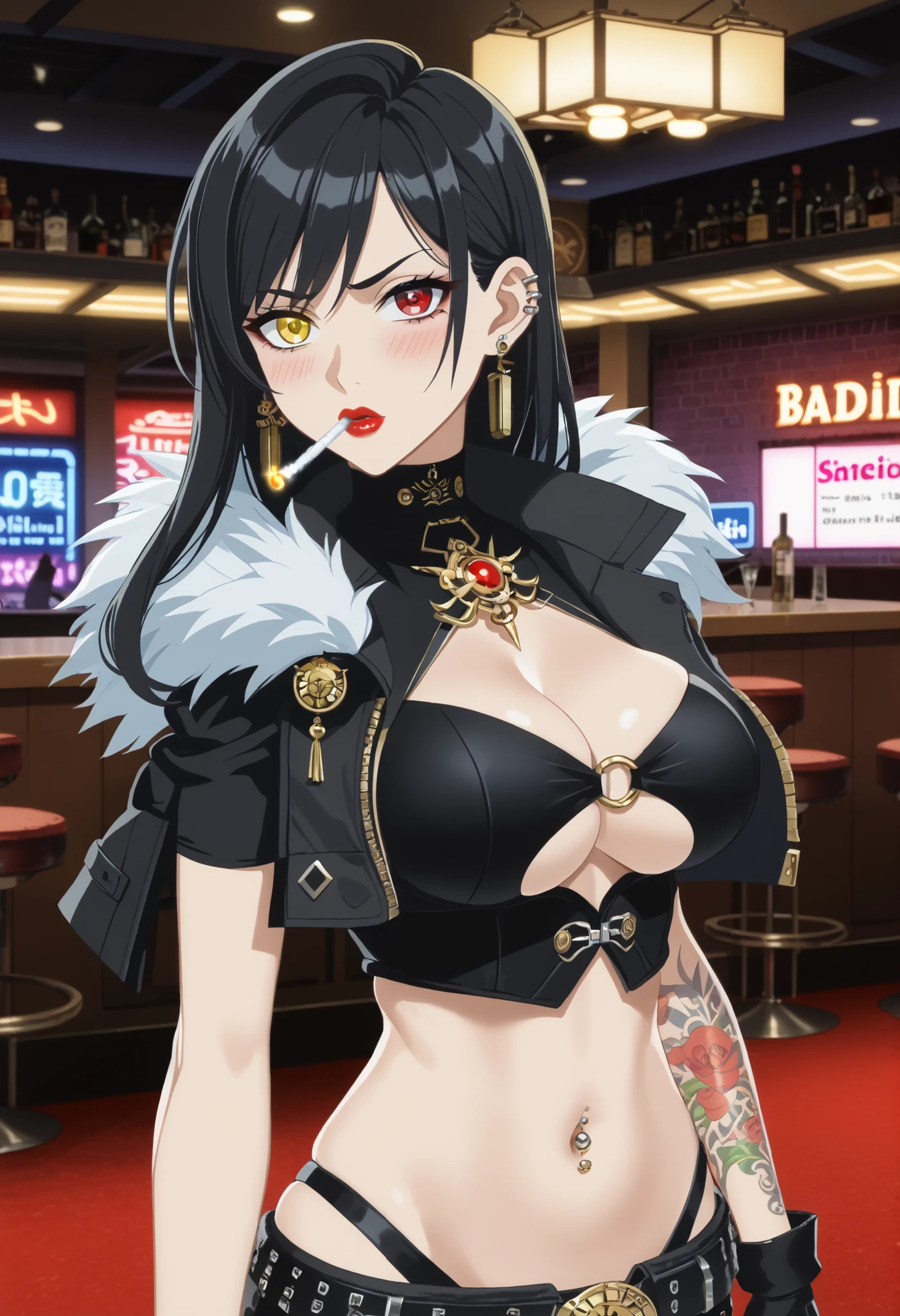score_9, score_8_up, score_7_up, score_anime, 8k, best quality, masterpiece, (ultra-detailed), , looking at viewer,
chiechun, default clothes, 1girl, breasts, single pantsleg, navel, tattoo, belt, gloves, midriff, fur trim, jewelry, heterochromia, yellow pupil and red pupil, black hair,, ear piercing, long hair, blush, lipstick,Hot girl, baddie, smoking, sensual, attractive ,bar
background, inside bar,indoors, cityscape, casino, nightclub, city lights, navel piercing, anipai_style , anime screencap , anime coloring