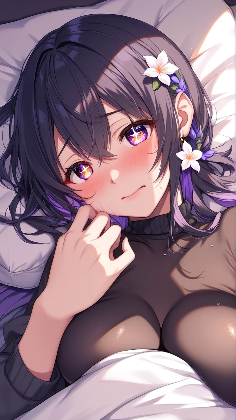 (futon), ((First Night)),(((kochou shinobu))),demon slayer,_kochou shinobu, ((((White sleepwear)))), (Raise one hand),Bedroom, (((Hide your nipples))), ((((Lying on your back)))), Ultra-realistic 8K CG,masterpiece,, ((Highly detailed background,Delicate pattern,Intricate details, Fine and beautiful eyes)),The best quality in the best condition,とてもとてもとても詳細なface, Highly detailed eyesとface,Highly detailed eyes,kochou shinobu,Multicolored Hair,No bangs,Hair Intake,, Purple eyes,,butterfly,band,(熱band庭園:1.2),Purple Flower,mostly cloudy null,Tyndall effect,slope_null,face,beautiful null,,Seductive posture,(Medium chest:1.3), woman,15 years old