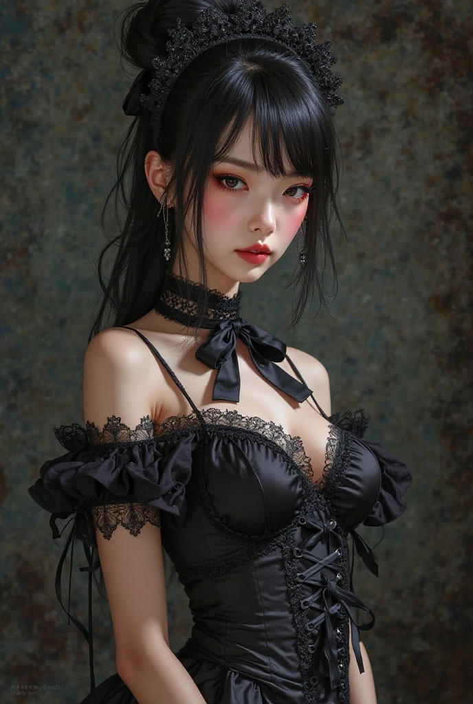 best quality,master piece,High resolution,(beautiful face),looking at the viewer,Are standing,((Half body)),((White vest)),((black leather skirt)),Hands in gloves,right arm hanging down、red lace dress