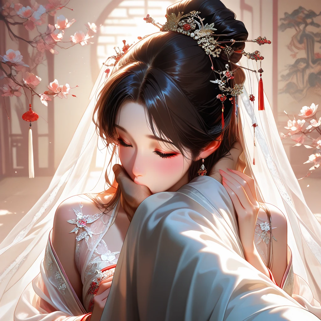 Best image quality、8k、masterpiece:1.3))、Realistic high-quality photos、Highest quality、 Beautiful face、Photos of slim models、Beautiful girl model、Young and pretty face、Beautiful model girl、A lovely and delicate face、Black Hair、Beautiful brown eyes、Young Body、Hanfu, (emphasize)、from the front、Camera gaze,、Anatomically correct、Emphasize the cleavage、whole body、-yeld fee model