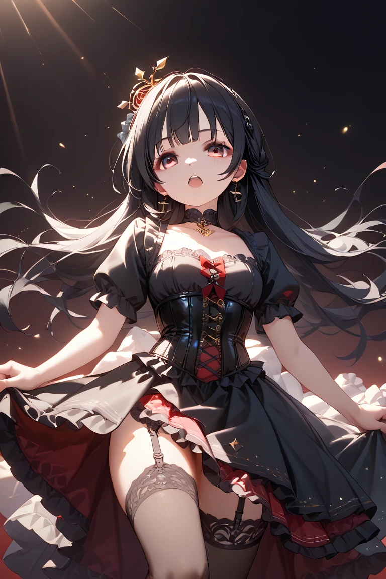 masterpiece, best quality, ultra-detailed, glistening shiny, glowing light, ray tracing, HDR, deph of field, (perfect face, detailed face), lucelia, very long hair, flat chest, black eyes, two side up, pointy ears, demon horns, demon wings , black dress, red skirt, layered dress, red thighhighs, necklace, armlets, wristbands, skirt lift, thong
