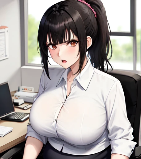 Italian girl, 25 years old, very long loose black hair, super mega gigantic breasts, unbuttoned white shirt, black lace bra, black pleated miniskirt, elegant shoes, slave collar, breasts tied together with ropes, thin, office, hands tied with rope