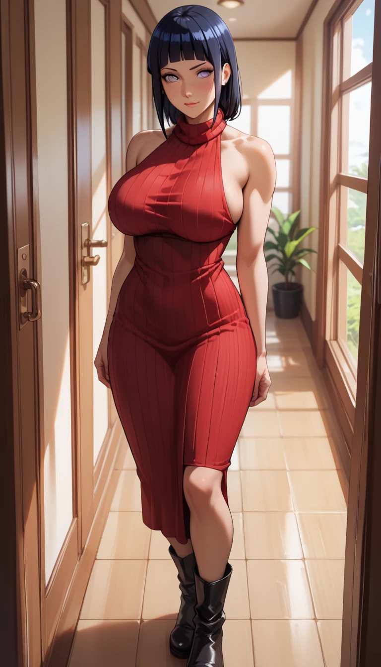 (best quality, ultra-detailed, photorealistic: 1.39), bright and vibrant colors, studio lighting, romantic expression, short red dress, undercut platinum bobcut blonde hair, big breasts, fit, muscular, short hair, mercenary,from knees up,front view from below,camera low angle,standing up infront of the camera.