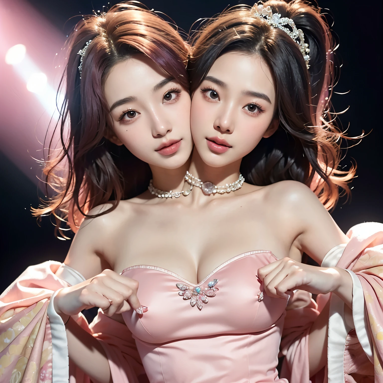 Two girls standing in the park at night，Clear sky in the background. Park benches and soft lighting, Rear photo, (Side photography), looking back at the viewer, (Masterpiece), ((Ultra-detailed)), (Highly detailed), (Expressionless), (Best quality: 1.2), 8K, hdr, A high resolution, absurderes: 1.2, Object perspective, Blurred background, Bokeh: 1.1, Lens flare, (vivd colour: 1.2), High quality texture, Detailed texture, High-quality lighting and shadows, a face with perfect proportion, full bodyesbian, Mature and excited body, Detailed skin texture, vibrant, pale and radiant skin, natural saggy breasts, gigantic bosom: 1.5, High waist, Narrow waist: 1.3, Wide hips, Full buttocks, Detailed beautiful face, (PureErosFace_V1:1.3)(Ulzzang-6500:0.4) Detailed beautiful eyes, Symmetrical eyes, Perfect eyes, Seductive eyes, Beautiful nose, High nose, Clear blush, Detailed lips, Earrings, hoop earings, necklace, jewelry, Sapphire heart necklace, Silver-toned high-heeled sandals, Seductive expression, Smile, Perfect hands, Delicate and beautiful fingers, Detailed beautiful legs, photo-realistic hair, detailed hairs, (Silver dress, Red dress, Blue dress), Chisato Nishiki, Long hair, Blonde hair, (Red eyes: 1.5), Hair ribbon, Bob cut, Red hair ribbon,)，gigantic cleavage breasts，Japan goddess，Blush，2 goddesses，Kissing on the road，Holding an LV bag，