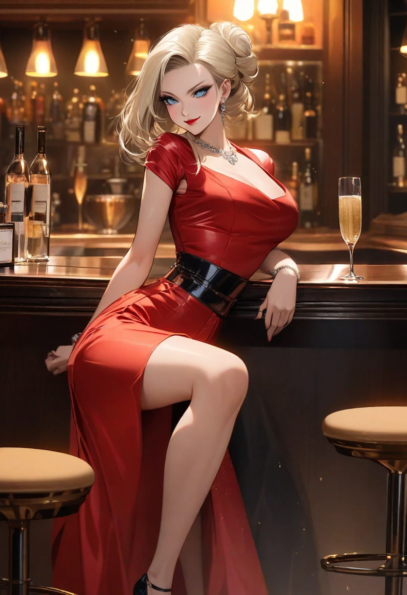 cute date night, mature woman, 2, platinum blonde hair, red long sleeve dress, (long sleeves), large breasts, velvet,  bangle, short hair, geometric, asymetric,  in a modern hotel lobby, solo, one woman, cute date night outfit, cute fit, [Victoria Beckham],[[KateBeckinsale]],[[[Jenna Coleman]]], thick belt, smiling, happy, necklace, leather clutch