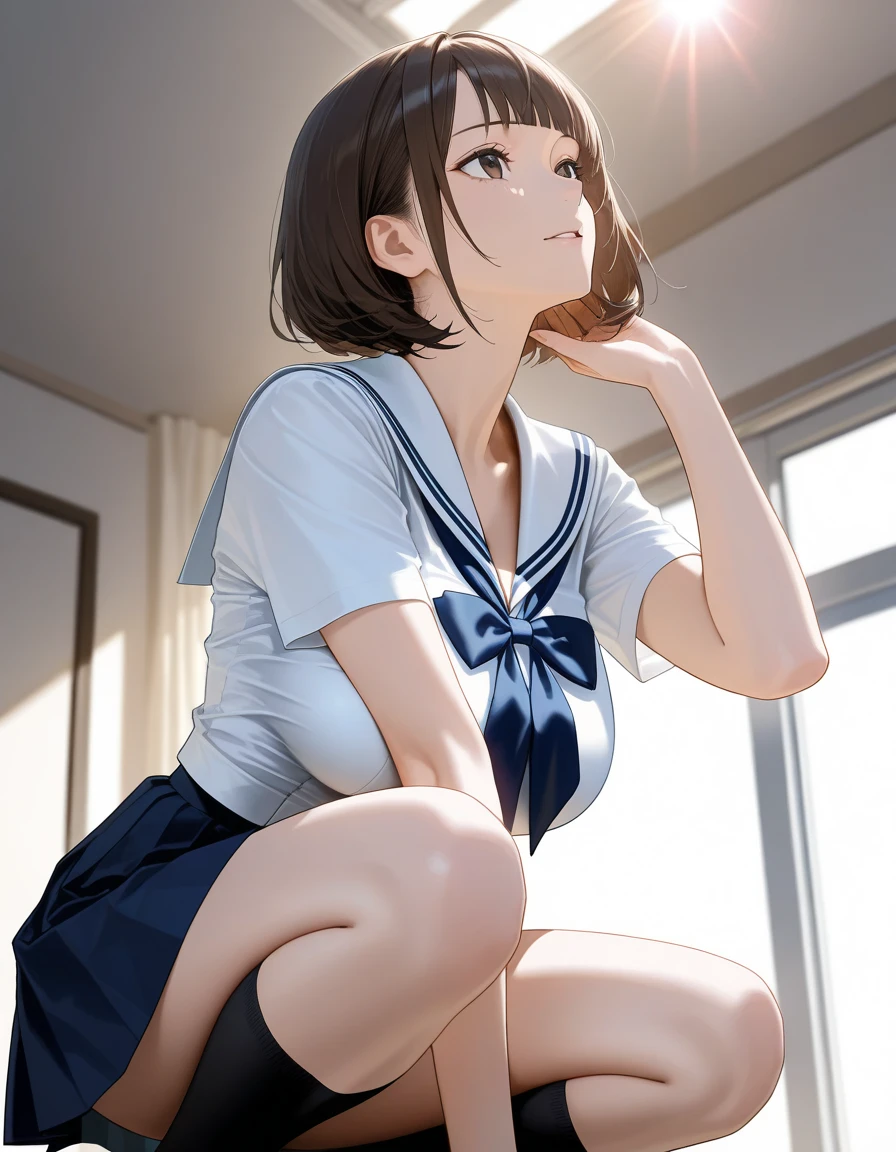 cinematic lighting、highest quality、full nude、sailor suit、Sweaty school classroom、(black haired)、Change of clothes、light blue pantie、full of sweat、