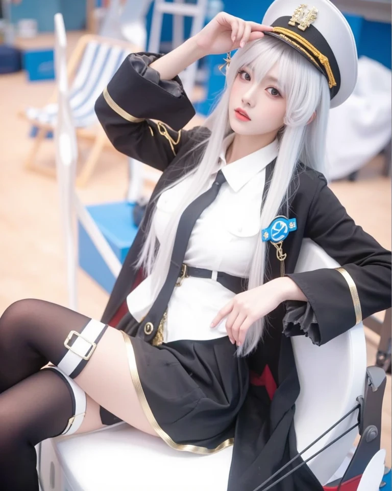 ((masterpiece,best quality)), 1 Girl,, Blue Hat, Serious, Shut up,Aqua blue eyes,Blue clothing,Campus Style,White knee socks(translucent:1.5),Black leg ring,Carve idol poses,The thighs can be seen,Thin legs,Lean,Solid color background,Sitting,High angle,panoramic,Looking at the audience,Looking down at the audience,Face Focus