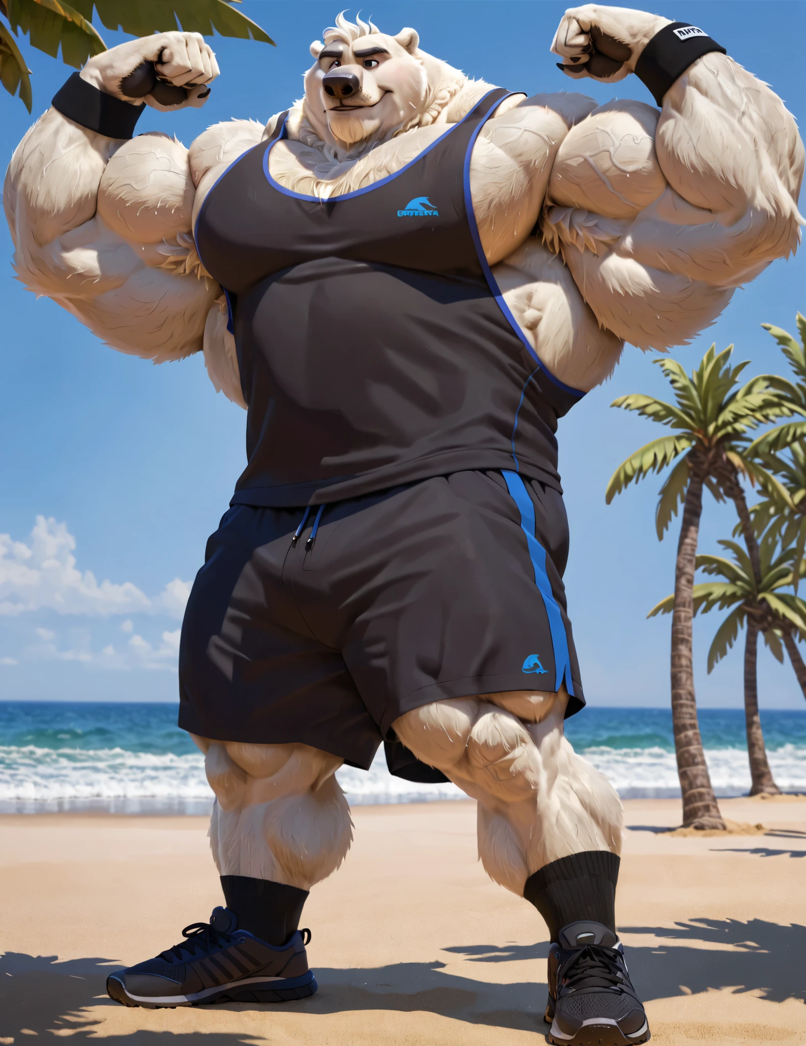 huge muscular polar bear in Los Angeles Beach, big smirk, polar bear, huge white fur, thick arm, huge arm, bearded. white hair and beard, bearded, (muscular, pectoral, wide pectoral, thick arms), beach, palm, 8k, masterpiece, added grayish eyebrows, detailed eyes, (wearing black shorts, wristband, watch and white tank top, gym shoes)