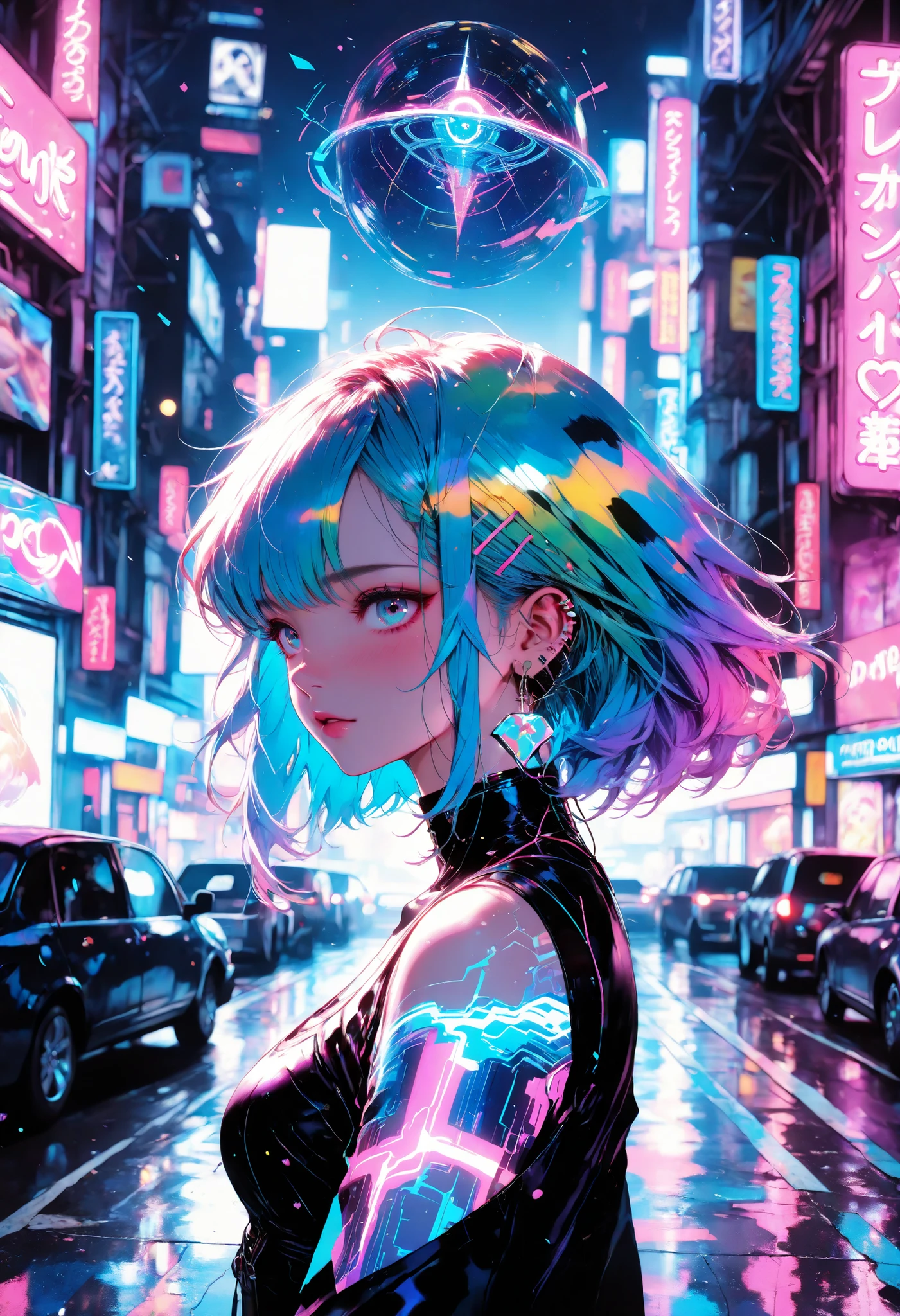vaporwave, retro futuristic scene, synthwave cityscape, neon lights, glitch art, retrowave, outrun, 80s aesthetic, cyberpunk, retrofuturism, holographic effects, digital art, 3D render, hyperrealistic, dramatic lighting, moody atmosphere, vibrant colors, imploding geometry, floating islands, surreal landscape, dreamlike, abstract forms, psychedelic, glowing, blurred, double exposure, cinematic, synthpop, lo-fi, kaleidoscopic, 4K, highly detailed, masterpiece