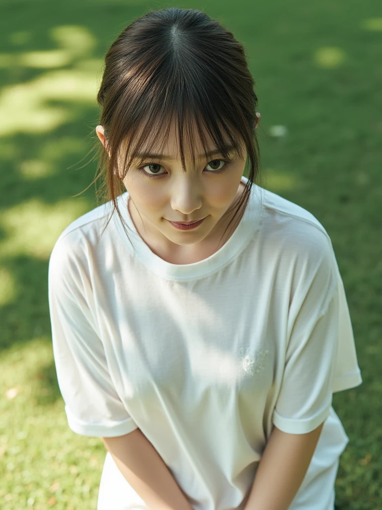 The image shows a young woman named koshiba_fuka standing in a wooded area. She is wearing a yellow t-shirt and blue jeans. Her hair is styled in a messy bun with bangs and she is looking off to the side with a serious expression on her face. The background is filled with trees and greenery, and the ground is covered in fallen leaves. The overall mood of the image is peaceful and serene.