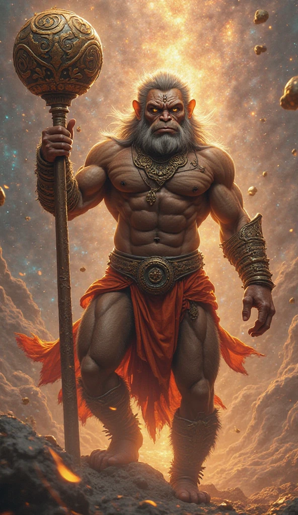 Lord Hanuman background morning lighting Surya background hathon mein Gada liye rahe