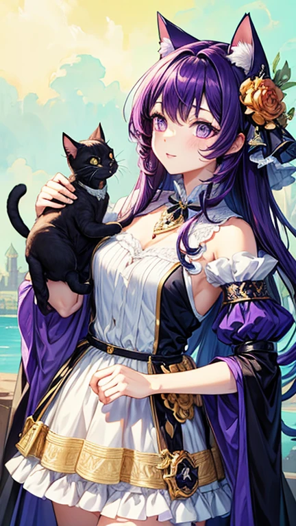 Cartoon cat in pirate costume with purple hat and purple coat, smol fluffy cat wearing smol hat, sora as a cat, anime cat, high quality fan art, anime catgirl, fursona wearing stylish clothes, cute anime catgirl, anthropomorphic cat ninja, anthropomorphic female cat, an anthro cat, an anthro cat