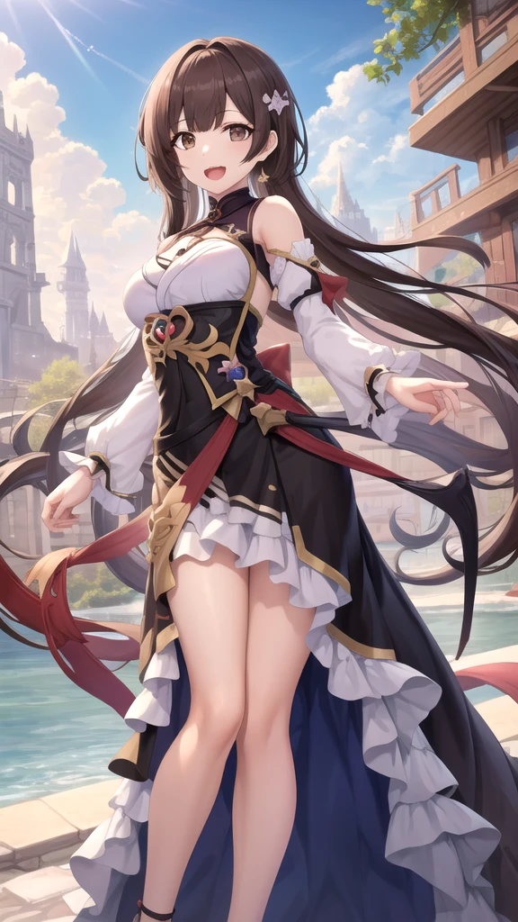最high quality, high quality, 8K、High resolution,Highest quality、solo、A large-bodied heroine of justice wearing a pink battle suit、Black Hair, Open Mouth Smile, Thighs
