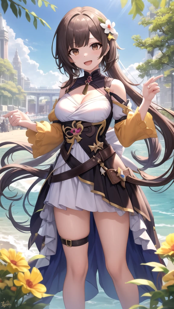 score_9, score_8_up, score_7_up, source_anime, 1girl, baizhidef, blue eyes, black hair, long hair, streaked hair, hair ornament, earrings, jewelry, bare shoulders, detached sleeves, long sleeves, black dress, cleavage cutout, white jacket, off shoulder, chinese clothes, black gloves, fingerless gloves, thigh strap, boots, black footwear, standing, closed mouth, smile, blush, looking at viewer, outdoors, park, fountain, sun, facing viewer, <lora:Baizhi_v1-000010:1>