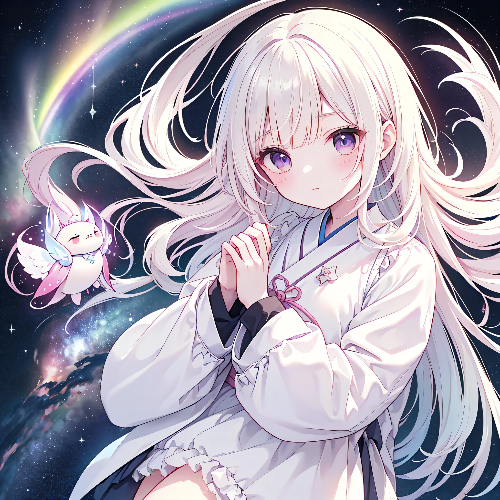 score_9,score_8,svore_7,BEST DETAILS、1gir, pretty face、Baby Face、((( best composition、top quality、greatest masterpiece、Super Detail、high definition、Perfect Anatomy)))、starの妖精、Milky White and Seven Gradation Hair Colors、universe柄のゴスロリ着物、 long sleeves with extended cuffs 、Unique Japanese Clothes with Frills、long boots、universe柄、universe、Milky Way、流star群、star々、star、惑star、 Milky Way、auroras、starのマジックワンド、Unique and Cute Hairstyles、star型のチャーム、starの使い魔、 Rainbow 、rainbow、