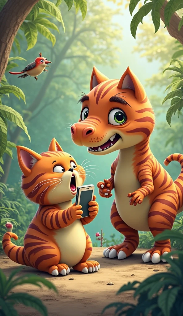"A super adorable, chubby orange tabby cat with tiger-like stripes is walking through a lush, magical jungle while talking on a smartphone. Suddenly, a huge, cartoon-style dinosaur appears from the trees and gently grabs the cat in its claws, lifting it up. The cat looks surprised and slightly scared, still holding the phone. The jungle is full of greenery, sunlight filtering through the trees, and other animals watching the scene in shock. The whole image has a whimsical, cartoonish, and adventurous vibe."