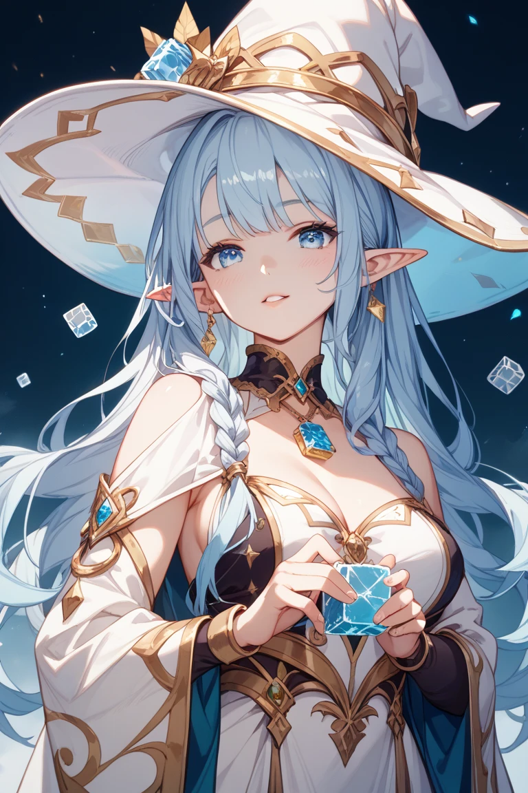 the hair，Nice face，blue bikini armor，Heterochromatic pupil，fully body photo，half moon，under moonlight，(tmasterpiece:1.1),(Best quality:1.1),(HighDynamicRange:1),ambient light,Super girl, mystical elf, looking into crystal ball, holding mysteries, showing a microcosm space, stars, unique, huge breasts, cleavage, candlelight, dark background, atmosphere of mystery, smoke, subtle multicolored lighting,