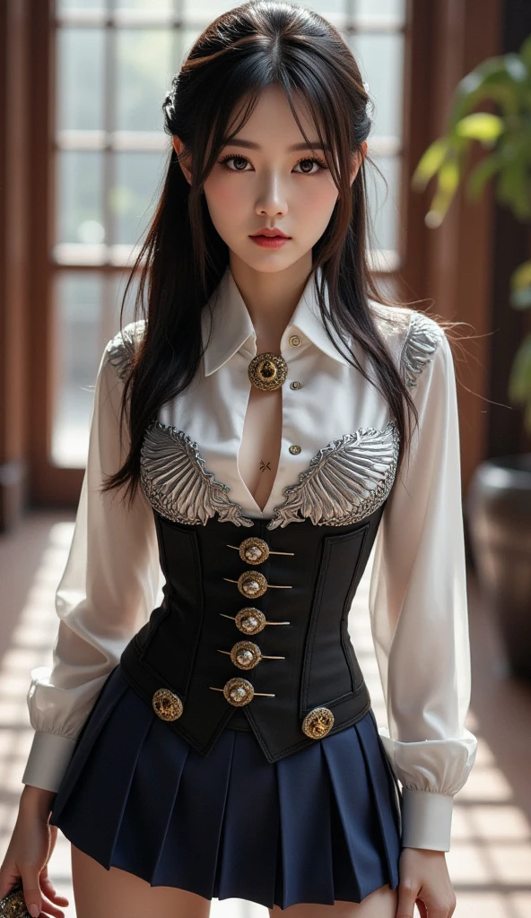 Woman portrait、Highest quality、Rear View、8k,Detailed face, clear, Fine skin、clear, Beautiful Eyes、whole body、(Curly Hair)、My hair was messed up by the wind、The beauty of a smile、(Attractive muscles、expensive),(Hip_Excellent, Hip Excellent), Mature Woman,( Observe the audience),Realistic, High resolution, Soft Light,1 female, alone, Hipアップ, Glowing Skin, (Detailed face), Sexy smile, Perfect Style, Perfect balance,Black Hair,Long Hair,Naughty look,((Steampunk gathered skirt、Houndstooth)),(Green and white mech, High-tech Mecha,Beautiful steampunk cyborg woman,Steampunk Mech Cyborg Girl,Lime green steampunk green and white jacket,High Leg,steampunk body stocking,A richly decorated gold belt,beads,Elbow hand pockets,Gemstone Helmet,White dress shirt,Short tie with jewels,Wrist cuff,Gemstone Helmet,steampunk body stocking,one piece),((Put your arms behind your back)),(Bokeh),(Studio Lighting)