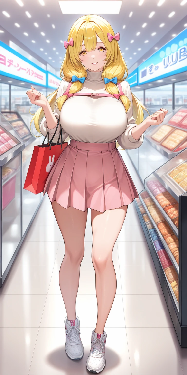UKIHASHIASUKA, BLONDE HAIR, HAIR RIBBON, BLACK RIBBON, BLACK HAIRBAND, HAIR BETWEEN EYES, MEDIUM HAIR, ORANGE EYES,,, empty eyes Running, wearing nothing, convenience store, large breasts、 Nipples, nsfw, nipple , wet solo