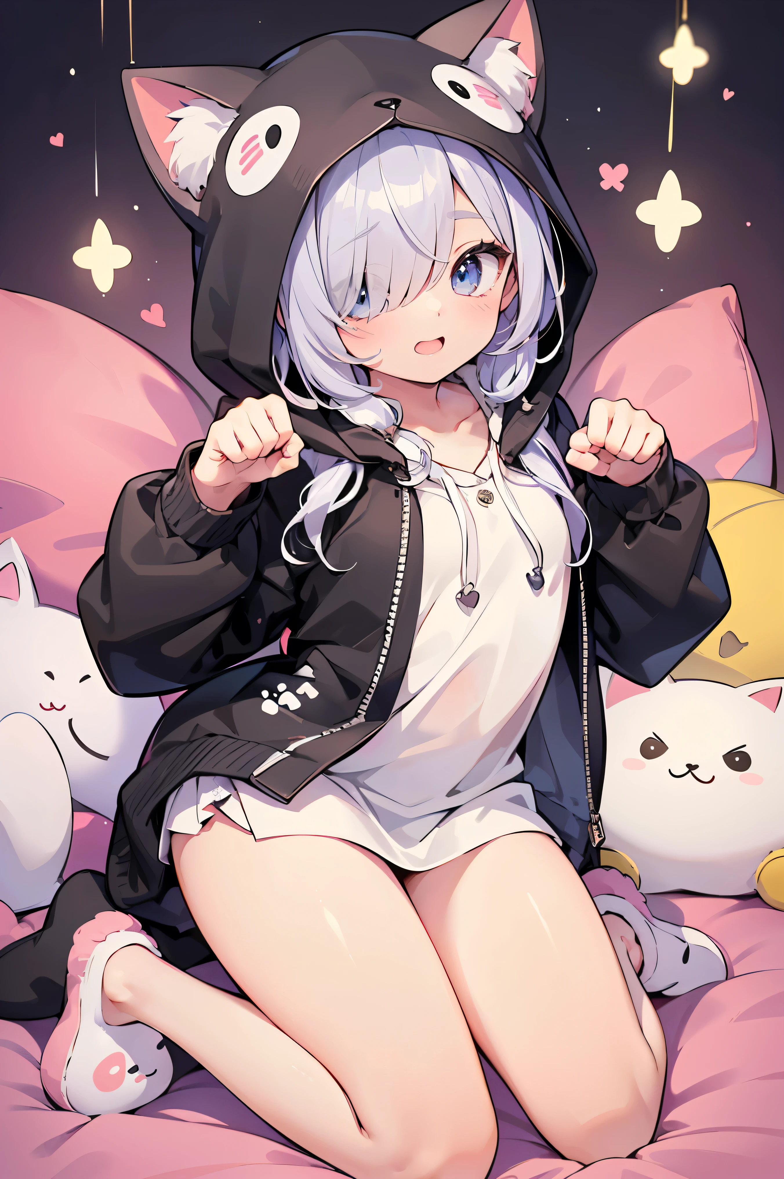 Single boy, Anime boy, Short, Long white hair, wolf ears, has wolf tail, blue eyes, wearing short denim shorts, thigh high fishnets, oversized cropped hoodie, solo boy, only one boy) solo, alone, (SOLO)(ALONE) thicc thighs, wide hips, blue eyes, perfect eyes, perfect face, wearing pink lip gloss, happy, curvy, sparkly blue eyes, wearing large round glasses, solo male, on bed, surrounded by stuffed animal plushies, kawaii, has a feint pink aura, has long hair