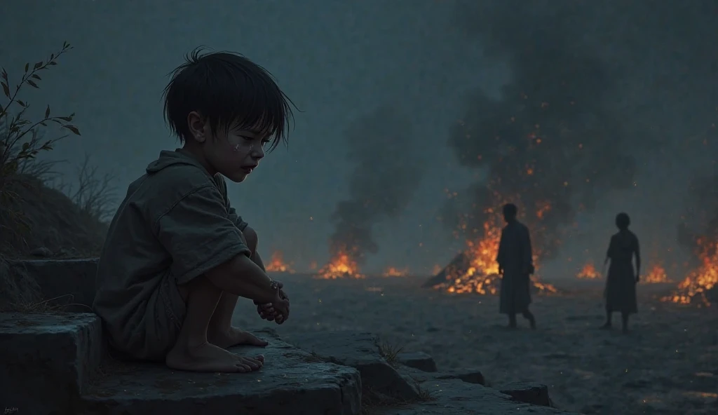 a kid crying while covering face wearing old clothes with holes. hands were dirty, full of blood and wounds. kneeling on the floor. backgound is damaged buildings because of the war