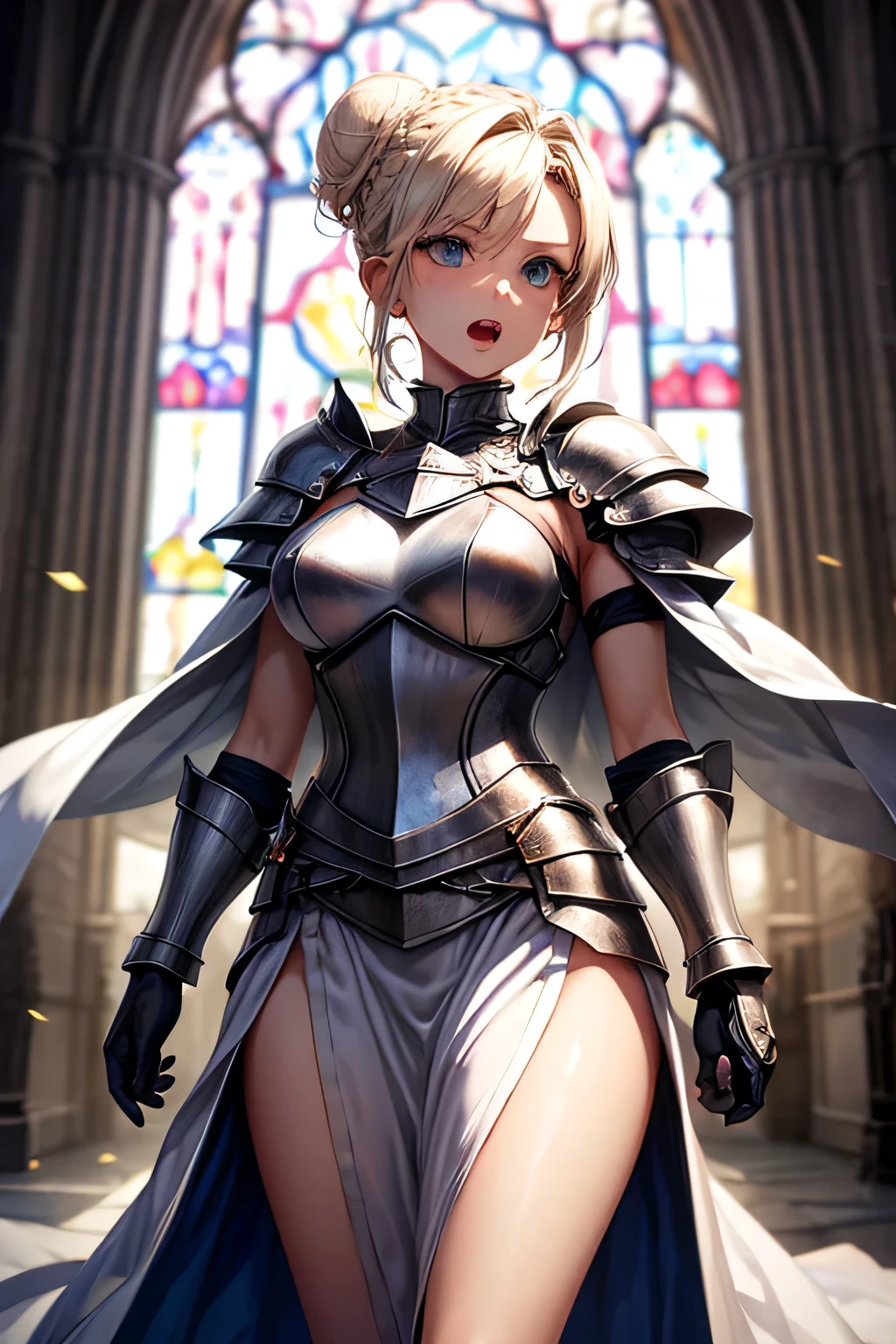 Closed eyes, female knight,Blonde, A magnificent church,tears, masterpiece, Chignon