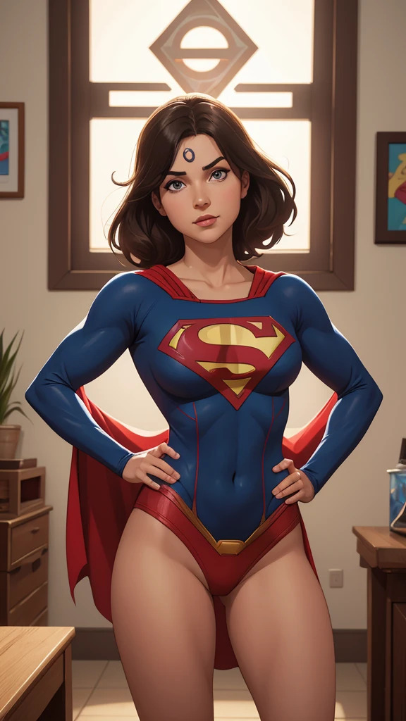 (obra-prima, qualidade superior),1girl ,{{profundidade de campo}}, hiper detalhe, 1mulher, (Supergirl modelo da Victoria's Secret), Solteiro, corpo inteiro, (detalhes intrincados, maquiagem), (rosto delicado e bonito, olhos delicados e bonitos, face with perfect proportions), pele de alto detalhe, Pele Delicada, Best proportions Four fingers and one thumb, olhos azuis fortes e realistas, cabelo preto realista, , maquiagem, textura natural da pele, Terno Supergirl,red skirt godê, levemente queimado pelo sol, maduro, sexy, elastic muscles, ((strong and healthy body)), corpo molhado, cabelo molhado, rosto molhado, pernas longas, coxas curvas, grossas, wide buttocks, pernas finas, (seios grandes: 1.2), cintura fina, cintura macia, (Pele Delicada), (corpo molhado: 1.0), (mulher bonita e sexy), (puffy lips: 0,9), (Cilia: 1,2), very delicate muscle definition, LED panel lights arranged in a square shape to mimic existing indoor luminaires, Quarto de hotel de luxo, ((qualidade superior)), ((obra-prima)), ((realista)), (detalhada), cinematic lighthing, complexa, alto detalhe, sharp focus,