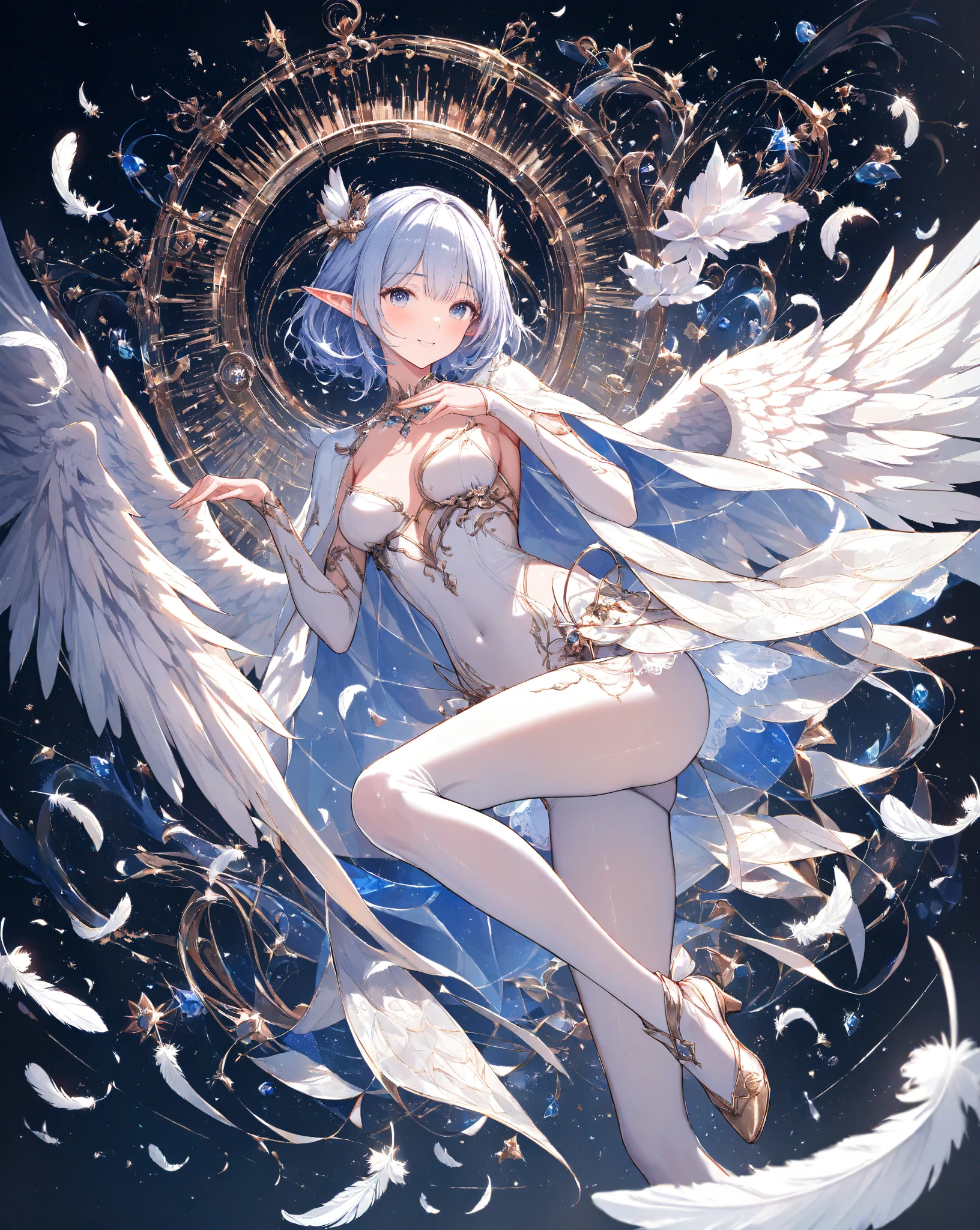 (Masterpiece: 1.4), (Best Quality: 1.4), (Very Cute Angel Girl, Super Detailed Face, Jewel-like Eyes, White Very Long Hair, Colorful Gradient Hair: 1.4), (Angel Ring: 1.4), (Angel Wings: 1.4), (Full Body, Perfect Two Arms, Perfect Two Legs: 1.4), Light, Shine