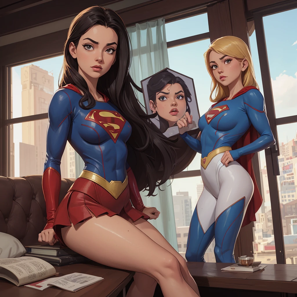 (Realistic image), (circunstanciado, melhor qualidade) (good lighting) 2 Beautiful Women Cosplaying Sipider Woman and Supergirl Wearing Transparent Plastic Clothes, squat on the floor of a gym, legs apart displaying your female sex organ without lingerie, coxas musculosas