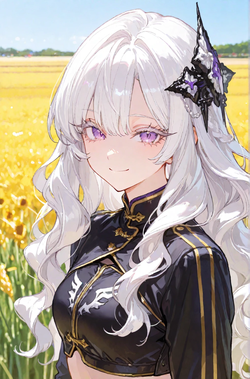 1girl, solo, upper body,
white hair, long hair, wavy hair,
purple eyes, long eyelashes, thick eyelashes, looking at viewer,
accessories on the hair,
smile,
fighting attire,
field background,