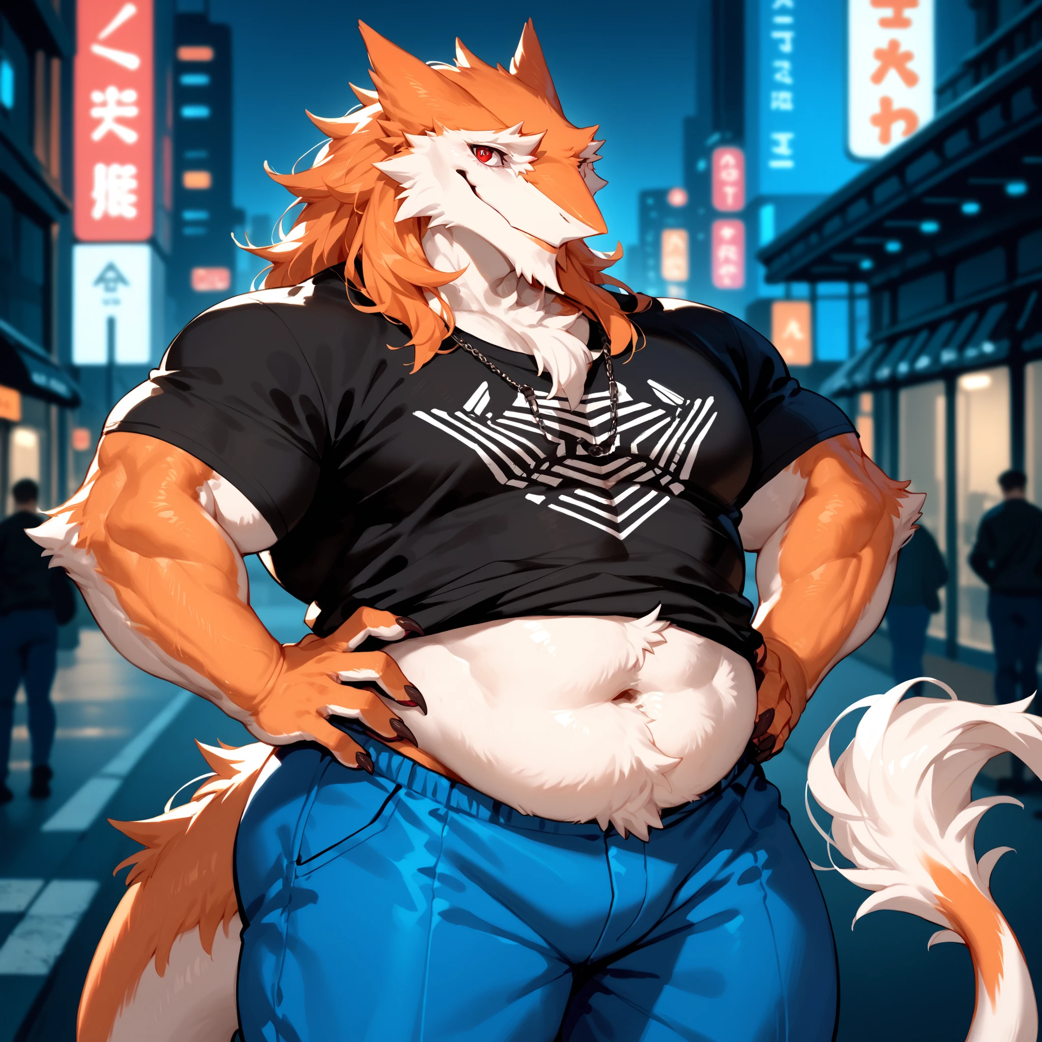 [Old Male Sergal], (Slightly Muscular body with small fat belly: 1.1), light orange fur, white secondary fur, white facial hair and (red pupils with white eyes).
Black T-shirt, blue shorts.
looking at viewer, smiling.
Hands on hips, Normal stance.
In an futuristic city with a park.
(Fat rolls: 1.1).
(Solo).