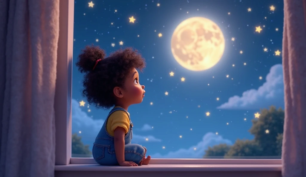 a black child, Knotted hair, admiring the full moon on a starry night
