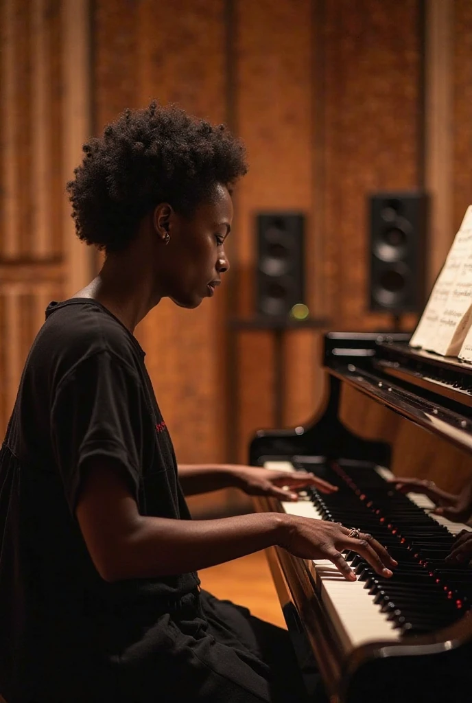 Crie uma imagem de uma adolescente triste parda cabelos afros tocando piano ao ar livre