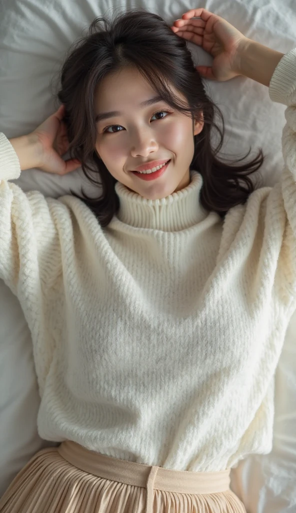 (8k, RAW photo, best quality, perfect anatomy, masterpiece:1.2), (realistic, photo-realistic:1.4), (extremely detailed 8k wallpaper), sharp focus, professional lighting, depth of field, cinematic lighting, 20 years old Beautiful and cute japanese actress, smile, (Fluffy winter clothes, A-line Skirt:1.2), Lying Down on bed at hotel