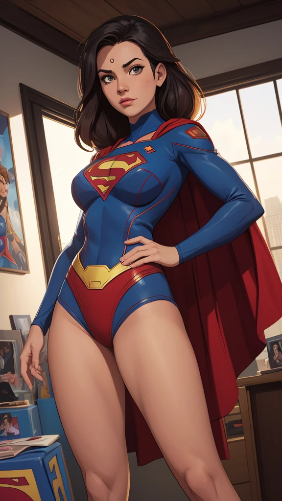 (muscular female), (supergirl:1.4),(muscular woman), (dark brown hair), (short skirt), (black skirt), (falling bra), (large breasts), (hard breasts), (small panties), (white panties), (sitting in front), (open legs), (wet panties), long legs, tall female, barefoot, barefeet, bare legs, (8k), (high quality), (5 fingers), (no defects), (well detailed face), (thick thighs), (white skin), (wet crotch), get blush,Sweating profusely, Beautiful high nose, beautiful nasal bridge, makeup, 25-year-old woman naked underwear, detailed crotch, sitting in the cage chair with M-shaped legs